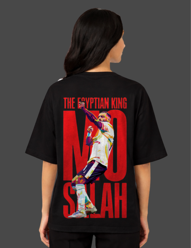 Person wearing a black t-shirt with 'The Egyptian King Mo Salah' design on the back.