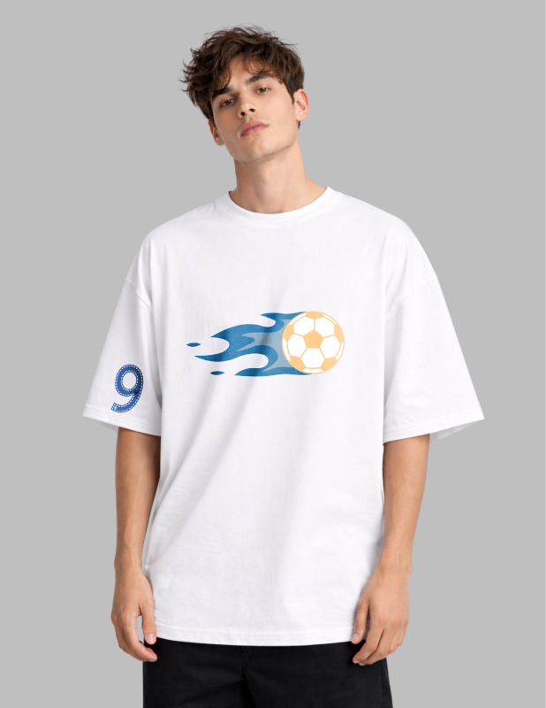 Person wearing a white t-shirt with a graphic design on a gray background