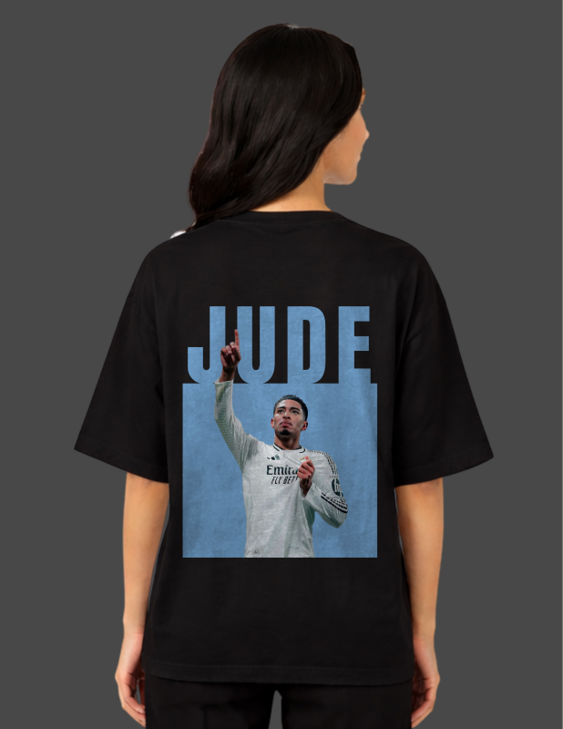 Person wearing a black t-shirt with a graphic of a person in a white jersey and 'JUDE' text on the back.