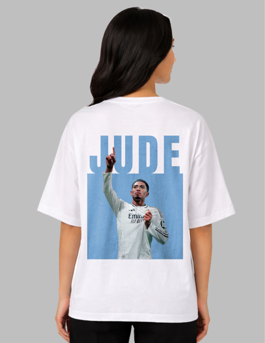 Person wearing a white t-shirt with a graphic of a person in a sports jersey and 'JUDE' text on a gray background