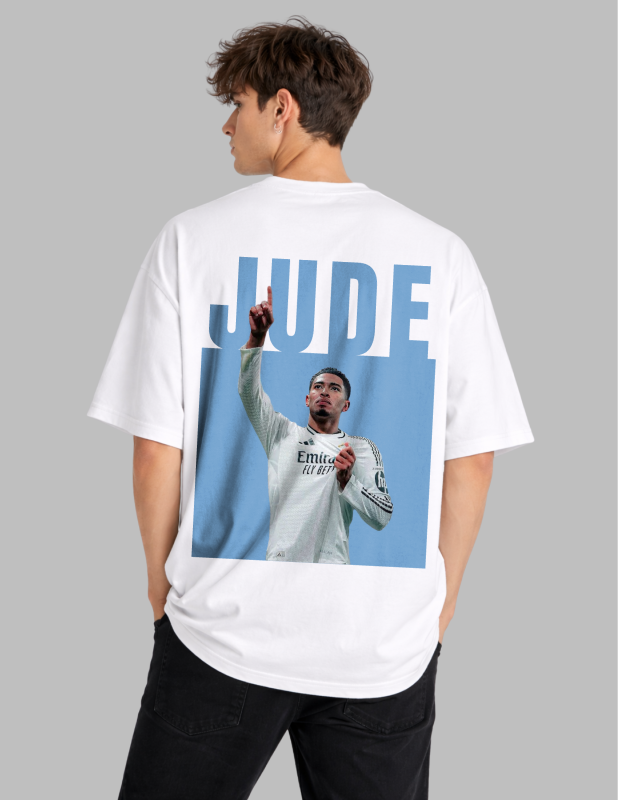 Person wearing a white t-shirt with a graphic of a soccer player and the name 'JUDE' on the back.
