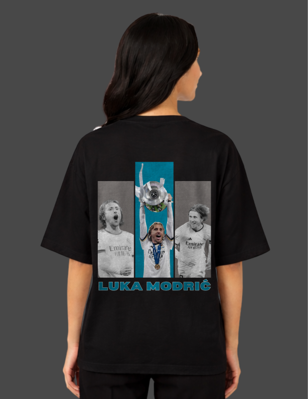 Person wearing a black t-shirt with Luka ModriáŇ graphic on the back