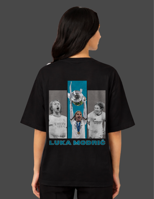 Person wearing a black t-shirt with Luka ModriáŇ graphic on the back