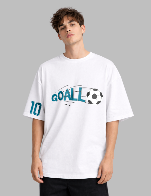 Person wearing a white t-shirt with 'GOALL' and a soccer ball graphic on a gray background