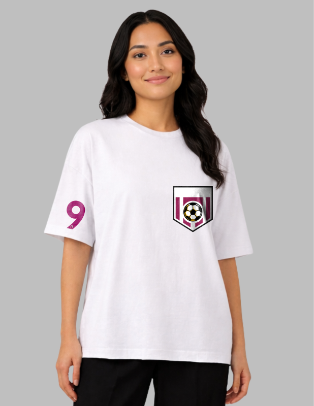 Person wearing a white t-shirt with a logo and number on a gray background