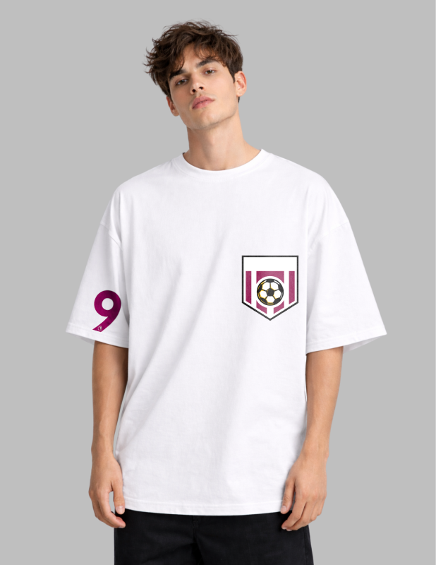 Person wearing a white t-shirt with a logo and number on a gray background