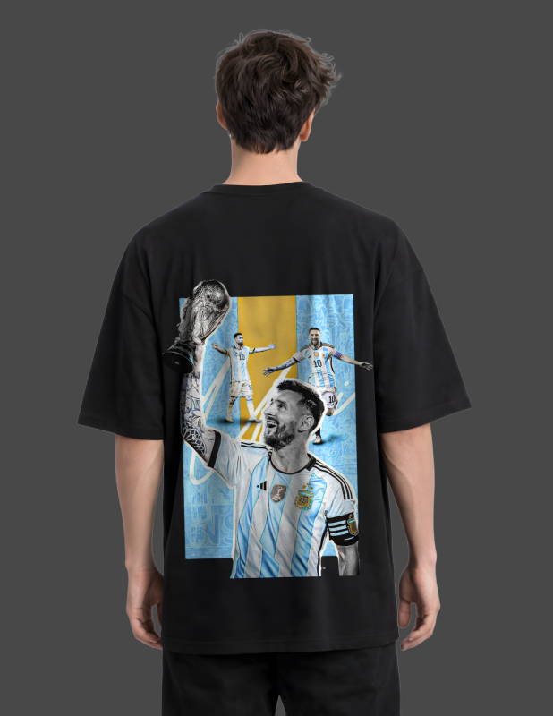 Person wearing a black t-shirt with a graphic of a soccer player holding a trophy on the back.