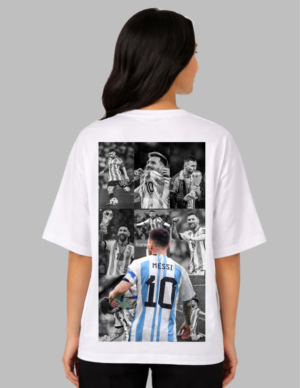 Person wearing a white t-shirt with a collage of images on the back, set against a gray background.
