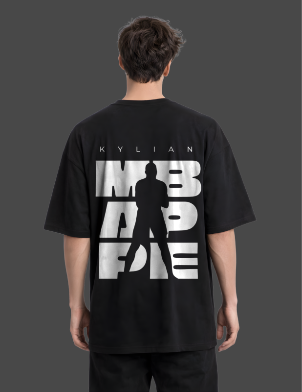 Person wearing a black t-shirt with white text and graphics on the back