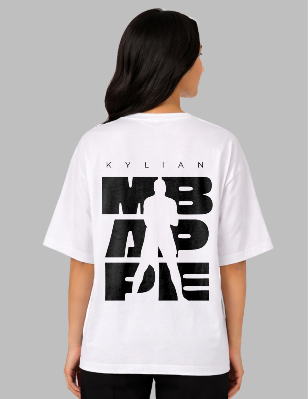 Person wearing a white t-shirt with black text and logo on the back against a gray background
