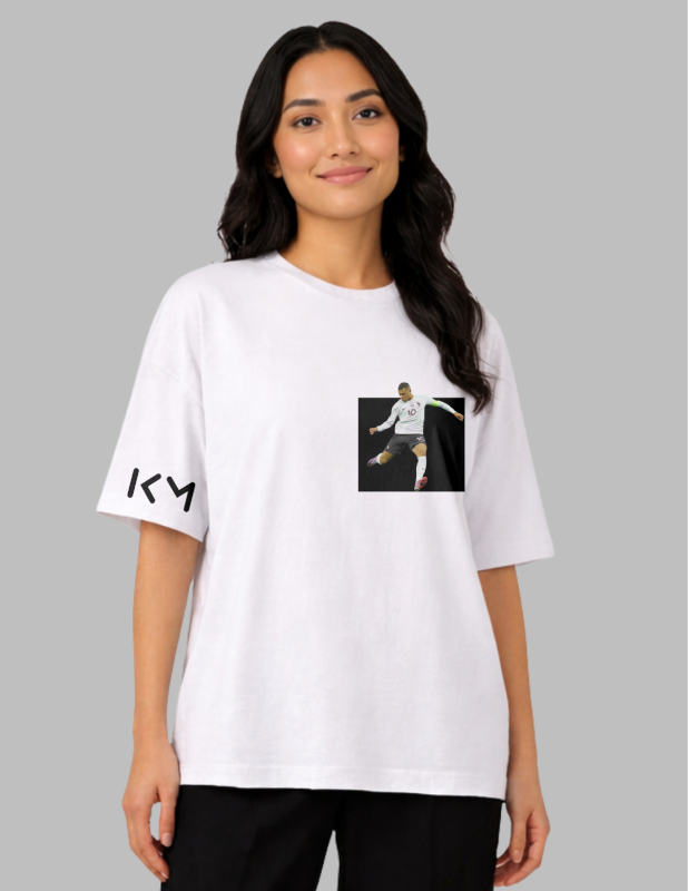 Woman wearing a white t-shirt with a graphic design on a gray background