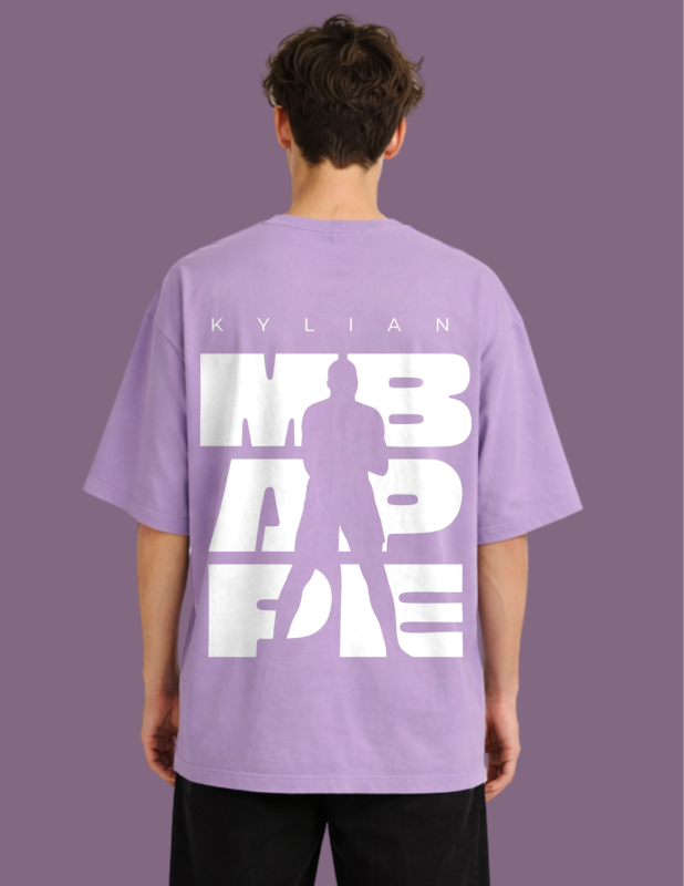 Person wearing a purple t-shirt with white graphics and text on a purple background