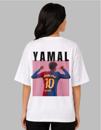 Person wearing a white t-shirt with 'YAMAL' printed on the back, featuring a graphic of a soccer player in action.