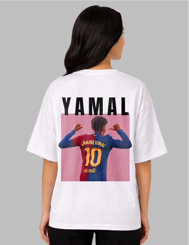 Person wearing a white t-shirt with 'YAMAL' printed on the back, featuring a graphic of a soccer player in action.