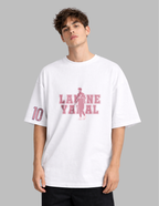 Person wearing a white t-shirt with pink text and graphics on a gray background