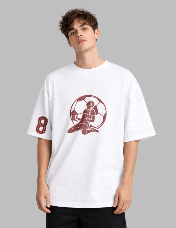 Person wearing a white t-shirt with a red graphic design on a gray background