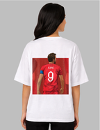 Person wearing a white t-shirt with a graphic of a player in a red jersey on the back, against a gray background.