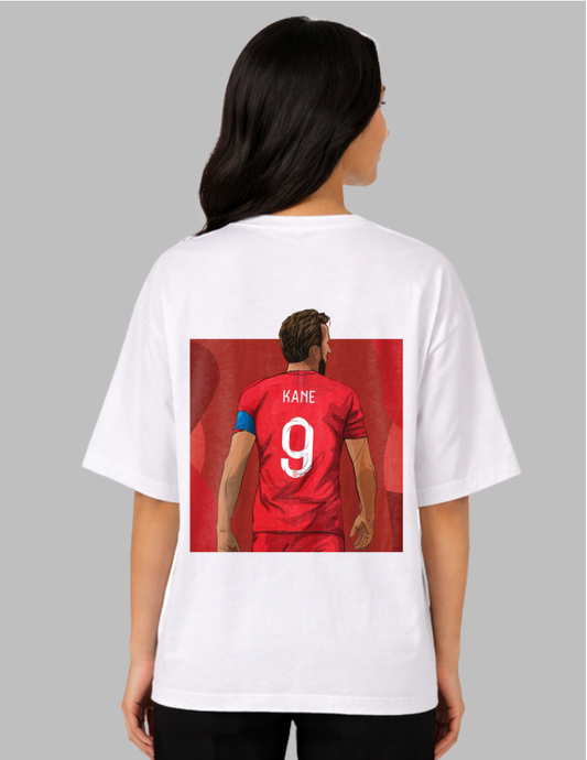 Person wearing a white t-shirt with a graphic of a player in a red jersey on the back, against a gray background.