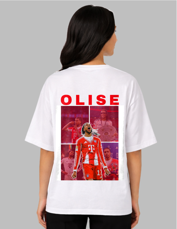 White t-shirt with a printed design and 'OLISE' text on the back, worn by a person.