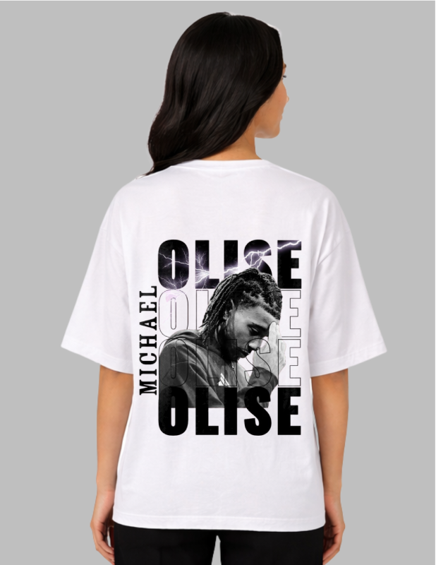 Person wearing a white t-shirt with a graphic and text on the back against a gray background