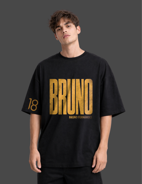 Person wearing a black t-shirt with 'BRUNO' printed in gold on a dark background