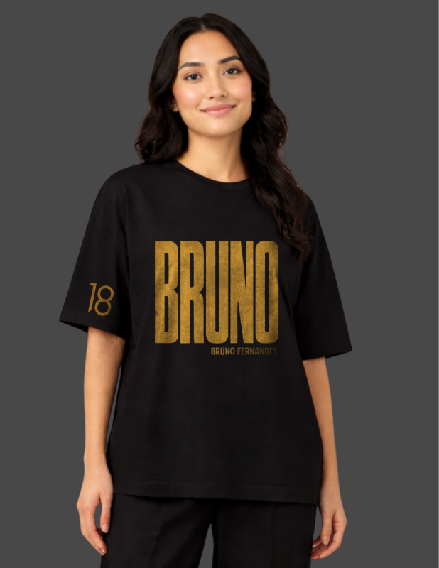 Person wearing a black t-shirt with 'BRUNO' and number '18' printed on it against a dark background
