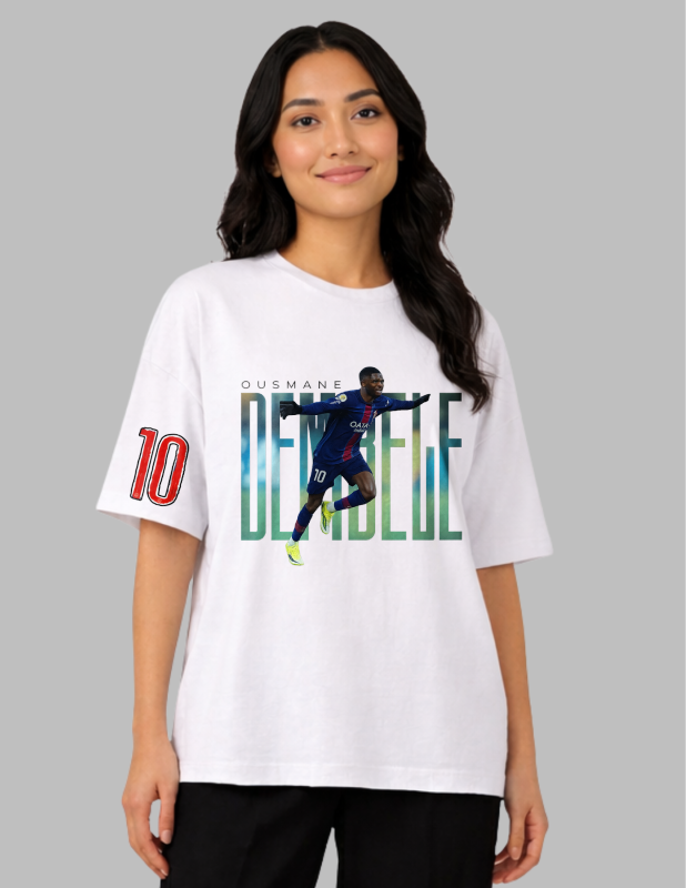 Person wearing a white t-shirt with a graphic of a soccer player and text on a gray background