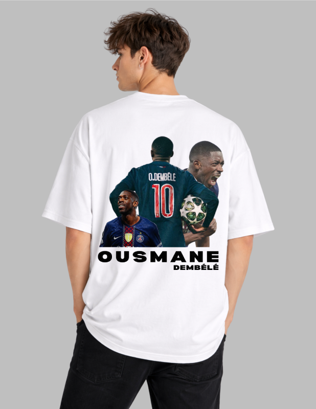 Person wearing a white t-shirt with a graphic of a soccer player and text on the back.