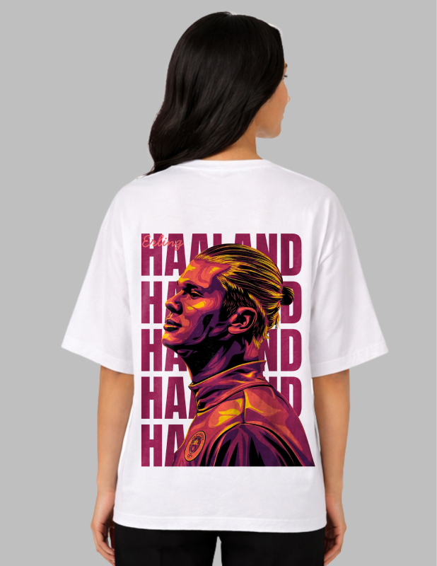 Person wearing a white t-shirt with a colorful graphic and 'Haland' text on the back.