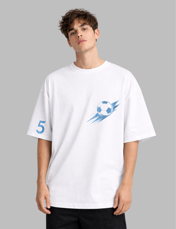 Person wearing a white t-shirt with a blue graphic design on a gray background