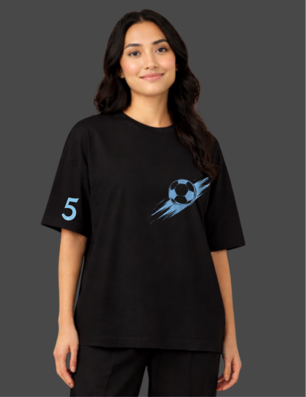 Person wearing a black t-shirt with a blue graphic and number 5 on a dark background