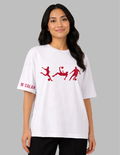 Woman wearing a white t-shirt with red graphics and text on a gray background