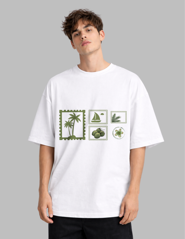 Person wearing a white t-shirt with green graphic designs on a gray background