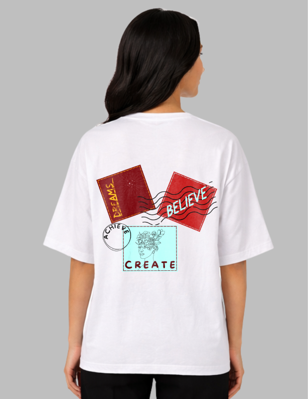 Person wearing a white t-shirt with colorful graphics on the back against a gray background