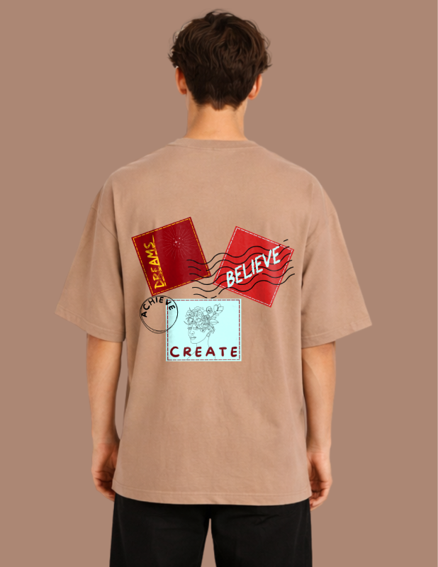Person wearing a brown t-shirt with graphic designs on the back against a brown background