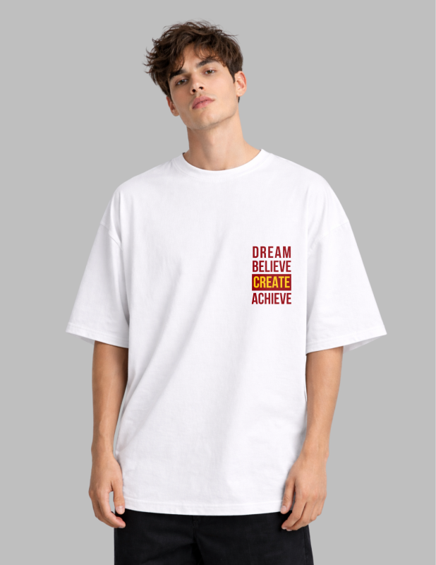 Person wearing a white t-shirt with motivational text on a gray background