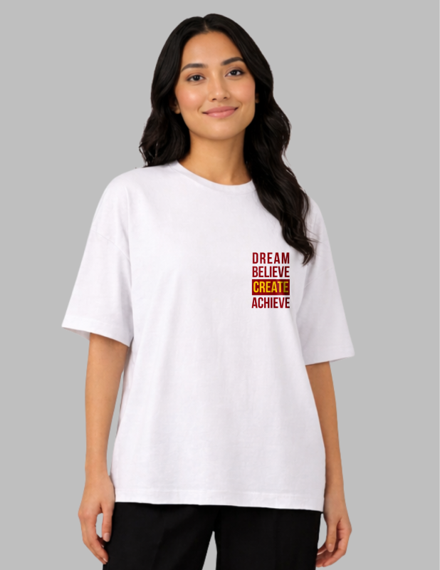 Woman wearing a white t-shirt with motivational text on a gray background
