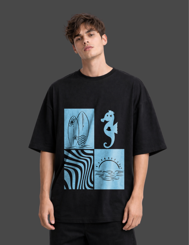 Person wearing a black t-shirt with blue graphic design on a dark background