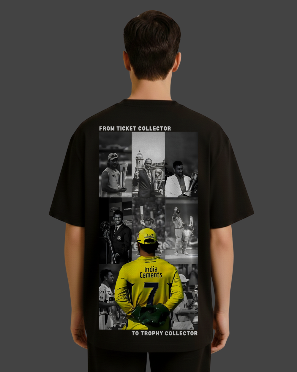 Black t-shirt with a collage of images and text on the back, worn by a person.