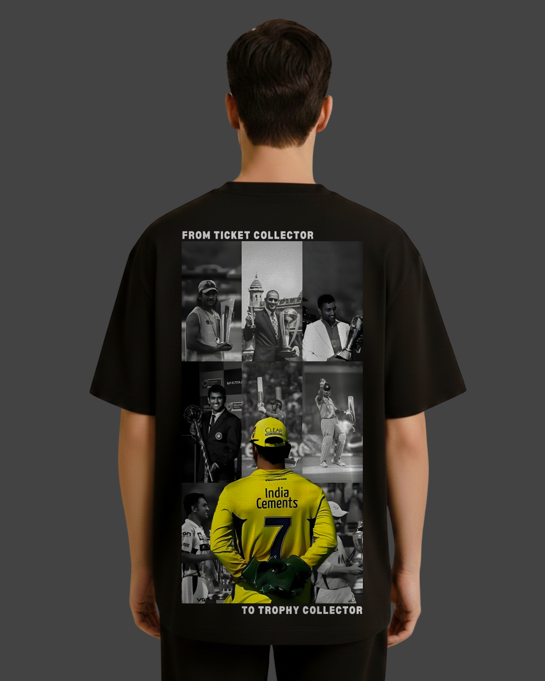 Black t-shirt with a collage of images and text on the back, worn by a person.