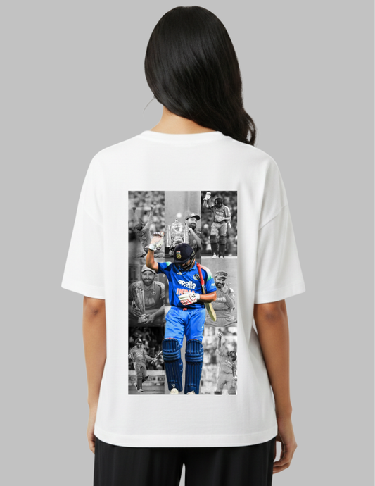 Person wearing a white t-shirt with a graphic of a person in a blue uniform on the back, on a gray background