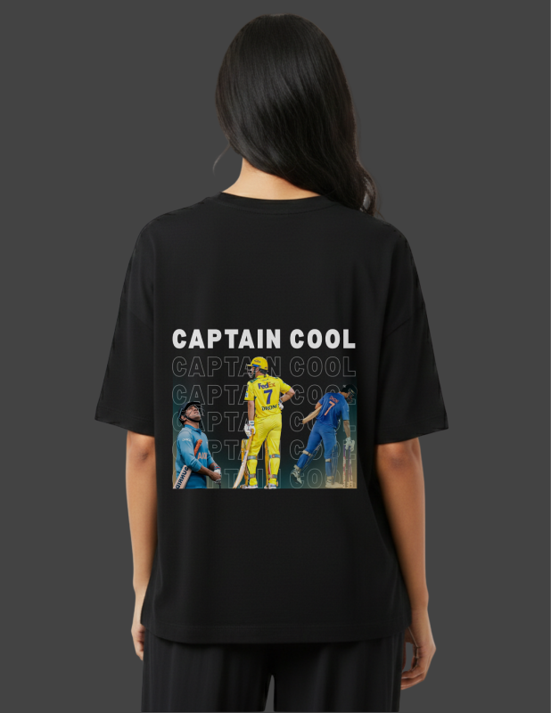 Black t-shirt with 'Captain Cool' graphic on the back, featuring images of a cricket player in yellow and blue uniforms.