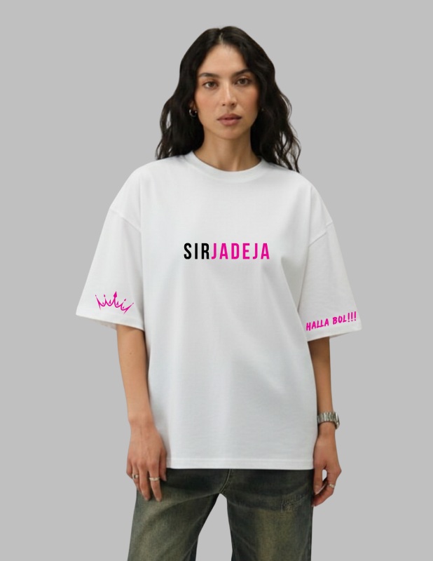 Person wearing a white t-shirt with text on a gray background