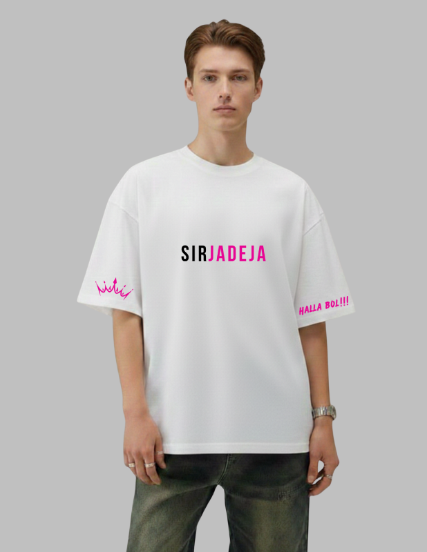 Person wearing a white t-shirt with text on a gray background