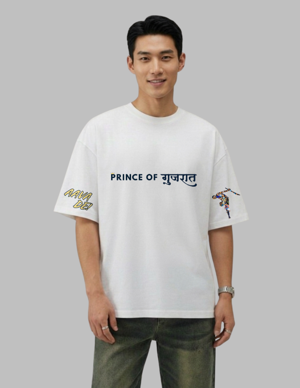 Man wearing a white t-shirt with text and graphics on a gray background