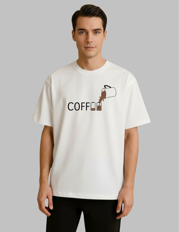 Man wearing a white t-shirt with a coffee-themed graphic design on a gray background