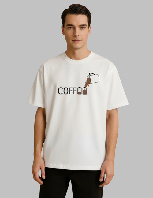 Man wearing a white t-shirt with a coffee-themed graphic design on a gray background