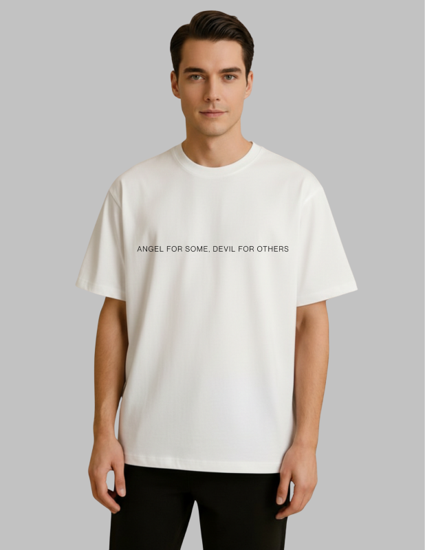Man wearing a plain white t-shirt against a gray background