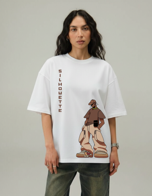 Person wearing a white t-shirt with a graphic design and 'Silhouette' text on a plain background