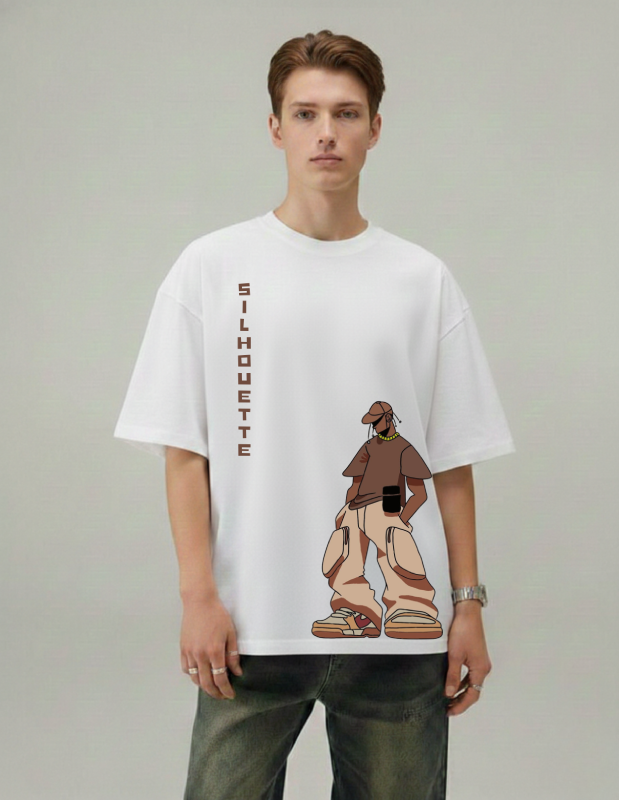 Person wearing a white t-shirt with a graphic design and text on a plain background